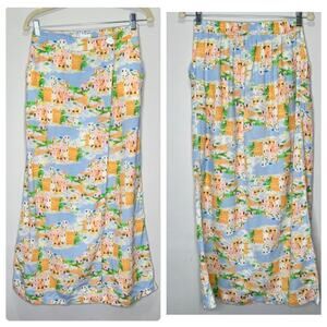 Cynthia Rowley Mediterranean Village Scenic Print Wrap Maxi Skirt Blue Multi L